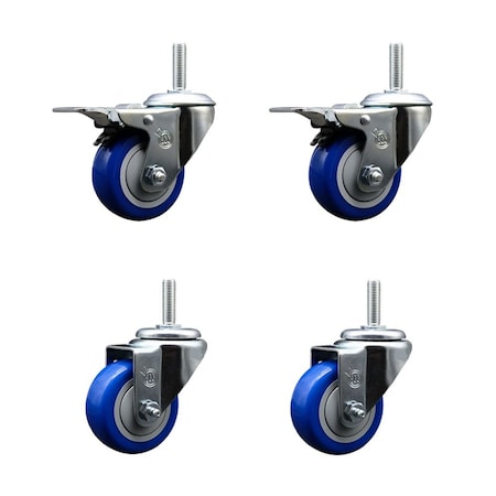 Service Caster 3 Inch Blue Polyurethane Swivel 34 Inch Threaded Stem Caster Set 2 Total Lock Brakes SCC-TSTTL20S314-PPUB-BLUE-34212-2-S2